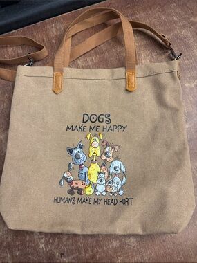 Canvas Dog Tote Bag - Tan "Dogs Make Me Happy"
